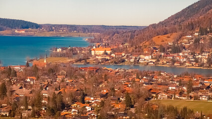 Obraz premium Aerial winter view of Rottach-Egern, Lake Tegernsee, Miesbach, Bavaria, Germany