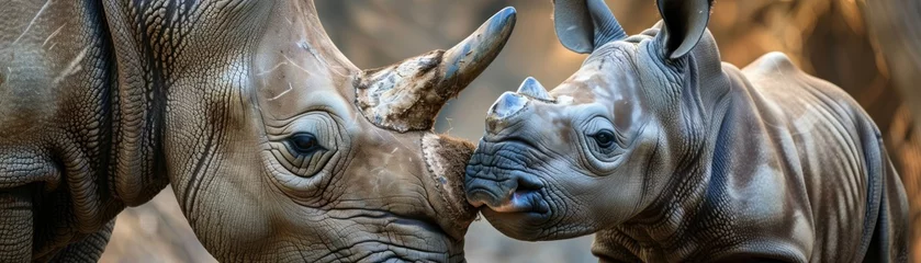 Muurstickers Rhino mother and calf in a tender moment, close-up on their bond, the gentle side of exotic mammals. © Nawarit