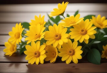 Obraz premium Bunch of Yellow Flowers on Wooden Table