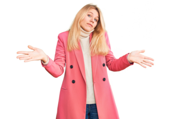 Young beautiful blonde woman wearing elegant clothes clueless and confused expression with arms and hands raised. doubt concept.