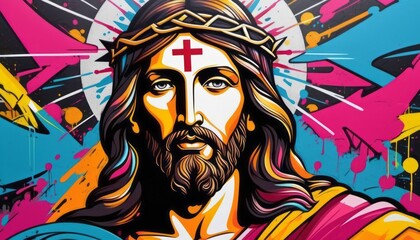 Painting of Jesus With Cross - obrazy, fototapety, plakaty