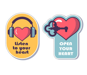 set of vector hearts stickers with different phrases