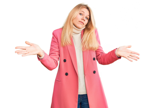 Young beautiful blonde woman wearing elegant clothes clueless and confused expression with arms and hands raised. doubt concept.