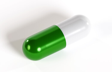 White and green medical pill isolated on white background. 3d-rendering
