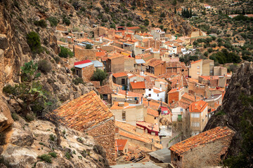 View from above of the village of Ayna, Albacete, Castilla la Mancha, Spain, with its red-roofed old town