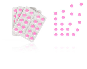Falling tablets in a blister on a transparent background with shadow and reflection. Medical pills. Pharmaceutical painkiller drugs.