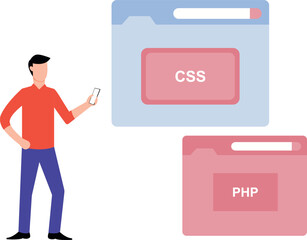 Boy looking at CSS and PHP codings.