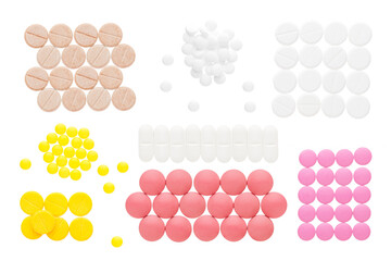 Pills of different colors isolated on a transparent background. Set of various pills and vitamins.