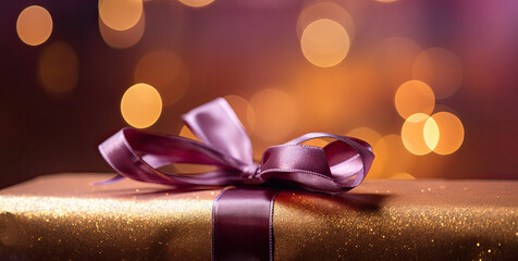 Golden wrapped surprise gift adorned with a purple ribbon against a shimmering bokeh background