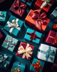 blue and red gift boxes background, festive array of gift boxes wrapped in vibrant hues and ribbons