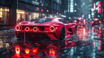 An illustration of the concept of a sports car moving along an asphalt road in the city during the rain. A competition or a race - obrazy, fototapety, plakaty