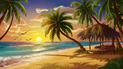 Foto op Canvas A picturesque view of a tropical beach during sunset. There are palm trees swaying slightly in the gentle breeze and a cozy thatched-roof hut nestled cozily amongst them. The warm hues of the set... © Laurent