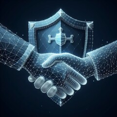 This image represents a digital handshake encompassed within a protective shield icon. The imagery is representative of cybersecurity, demonstrating the security measures in place ensuring safe a...