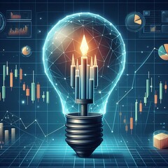 A piece of digital art that portrays a vibrant lightbulb filled with flickering candles, signifying idea and innovation. The backdrop is composed of convoluted financial charts and technical indi... - obrazy, fototapety, plakaty
