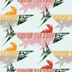 Stylized fish in Scandinavian style. Stamp technique. Vector print, seamless pattern, background, design