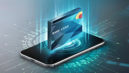 The image features a visualization of the digital banking concept by graphically depicting a bank card emerging from a smartphone.