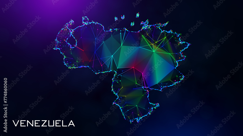 Poster Futuristic Venezuela Map Polygonal Blue Purple Colorful Connected Lines And Dots Network Wireframe With Text On Hazy Flare Bokeh Background