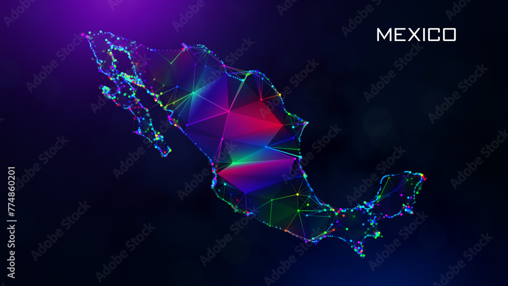 Poster futuristic mexico map polygonal blue purple colorful connected lines and dots network wireframe with