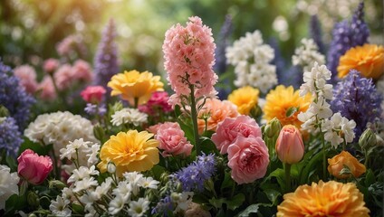 Bright floral background. Spring summer background. Festive floral background. Many spring summer flowers