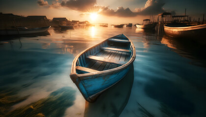 A professional photograph of a small wooden boat with rustic blue paint, resting by the shore of a calm sea during sunset - obrazy, fototapety, plakaty