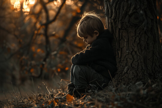 Jeune gar&ccedil;on qui est triste, boude et se repose assis au pied d'un arbre dans la for&ecirc;t