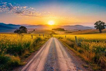 Fotobehang Road to the sun. Beautiful yellow field countryside landscape © Ahtesham