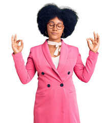 Young african american girl wearing business clothes and glasses relax and smiling with eyes closed doing meditation gesture with fingers. yoga concept.