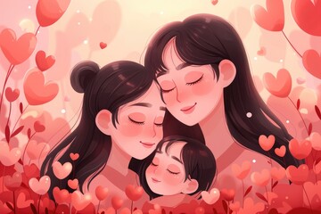 Mothers day illustration of mom and kids professional photography