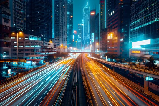 Dazzling Cityscape:Nighttime Highway Illuminates the Urban Landscape with Electrifying Motion and Radiance