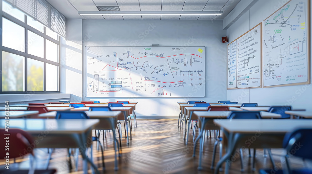 Poster classroom is filled with numerous desks and chairs neatly arranged, creating a structured learning e