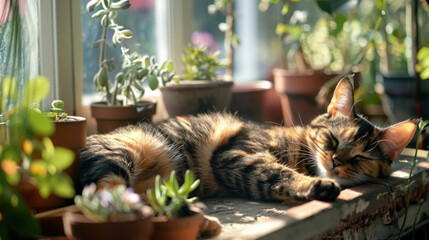 A cat relaxing on a ledge beside potted plants in a sunny outdoor setting - obrazy, fototapety, plakaty