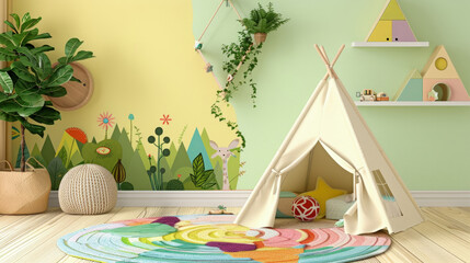 Childs playroom with a teepee tent set up in a cozy corner, surrounded by small potted plants