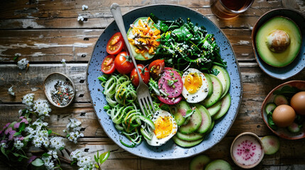 A blue plate filled with colorful vegetables and eggs, creating a nutritious and satisfying meal