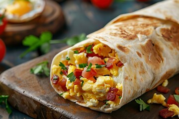 Burrito Filled With Eggs and Bacon on Cutting Board