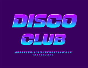 Vector modern logotype Disco Party. Glossy Colorful Font. Decorative Alphabet Letters and Numbers.