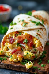 Burrito Filled With Eggs and Bacon on Cutting Board