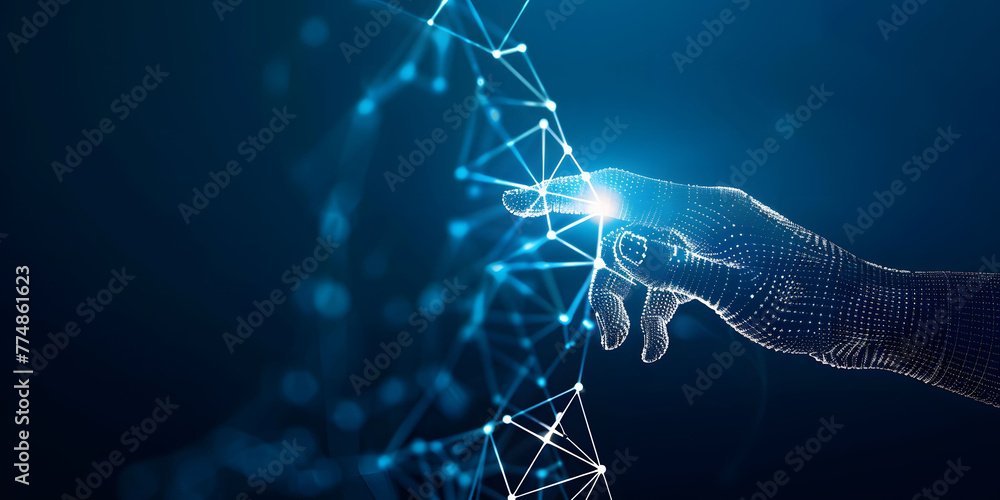 Poster fingers touching a glowing digital connection network, data transferring in the style of technology 