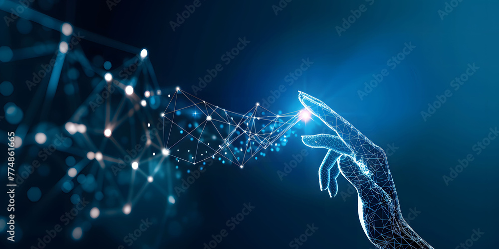 Poster fingers touching a glowing digital connection network, data transferring in the style of technology 