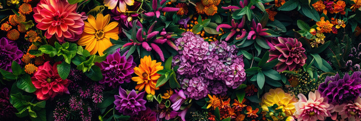 A plethora of colorful flowers, including roses, daisies, and tulips, cascade down a wall in a riot of color