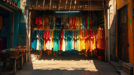 Vibrant textiles hang in the sunlight at a market stall, creating a warm, inviting atmosphere