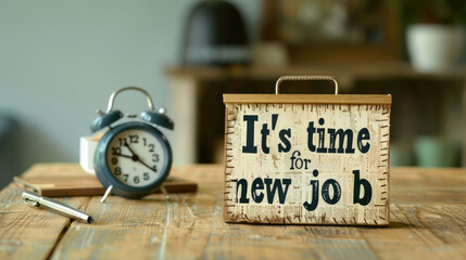 A sign reading Its time for a new job sits on a wooden surface, with a blurry alarm clock and pen...