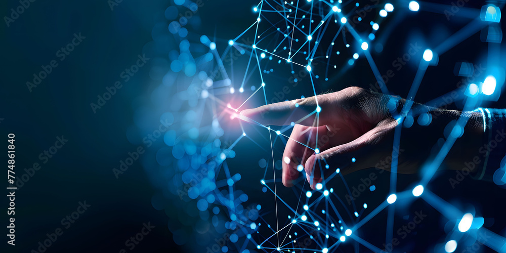 Poster fingers touching a glowing digital connection network, data transferring in the style of technology 