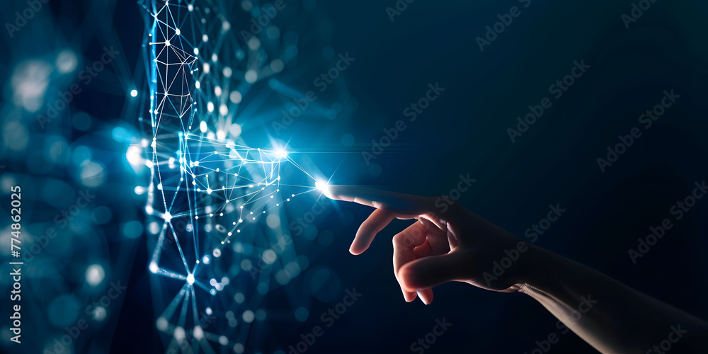 Poster fingers touching a glowing digital connection network, data transferring in the style of technology 