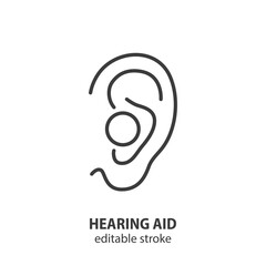 Hearing aid in ear line icon. Ear aid vector symbol. Editable stroke.
