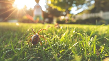Dangerous tick crawls along the grass to a child playing on a green lawn. Dangerous animal.