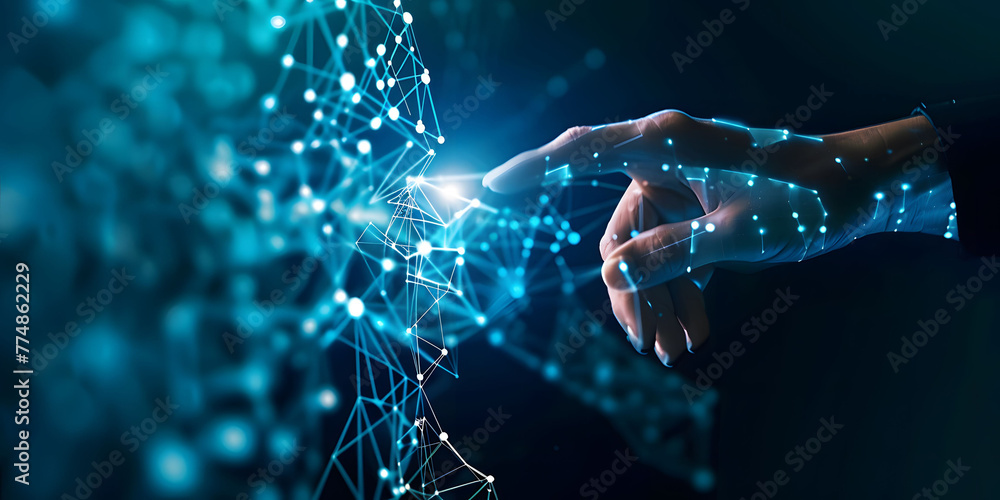 Poster fingers touching a glowing digital connection network, data transferring in the style of technology 