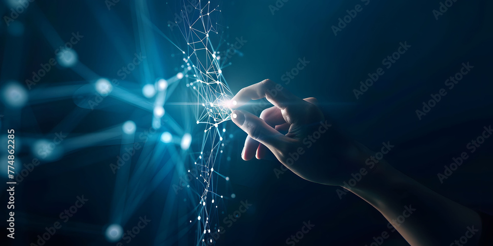 Poster fingers touching a glowing digital connection network, data transferring in the style of technology 