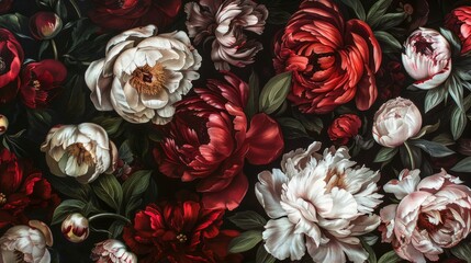 Baroque flowers in rich deep colors, peonies on dark background. Generative Ai