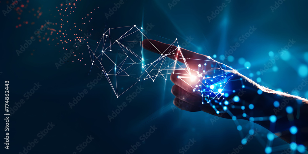 Poster fingers touching a glowing digital connection network, data transferring in the style of technology 