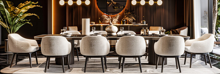 Chic Dining Area in Modern Apartment, Stylish Wooden Furniture and Bright Interior, Cozy Home Space